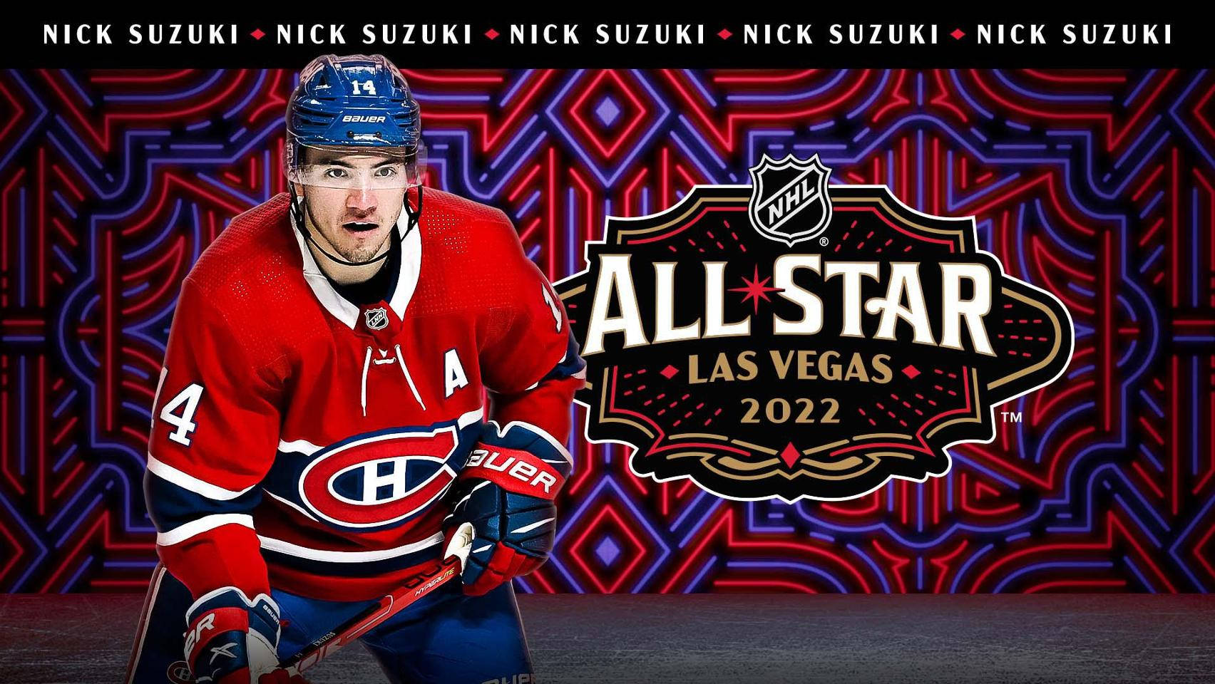 NHL蒙特利爾加拿大人隊尼克·蘇茲克全明星海報 壁紙 — 冰球運動員 Nick Suzuki 身穿紅色蒙特利爾加拿大人隊球衣，在充滿活力的霓虹幾何背景前動態擺姿勢，背景帶有 NHL 全明星拉斯維加斯 2022 標誌。