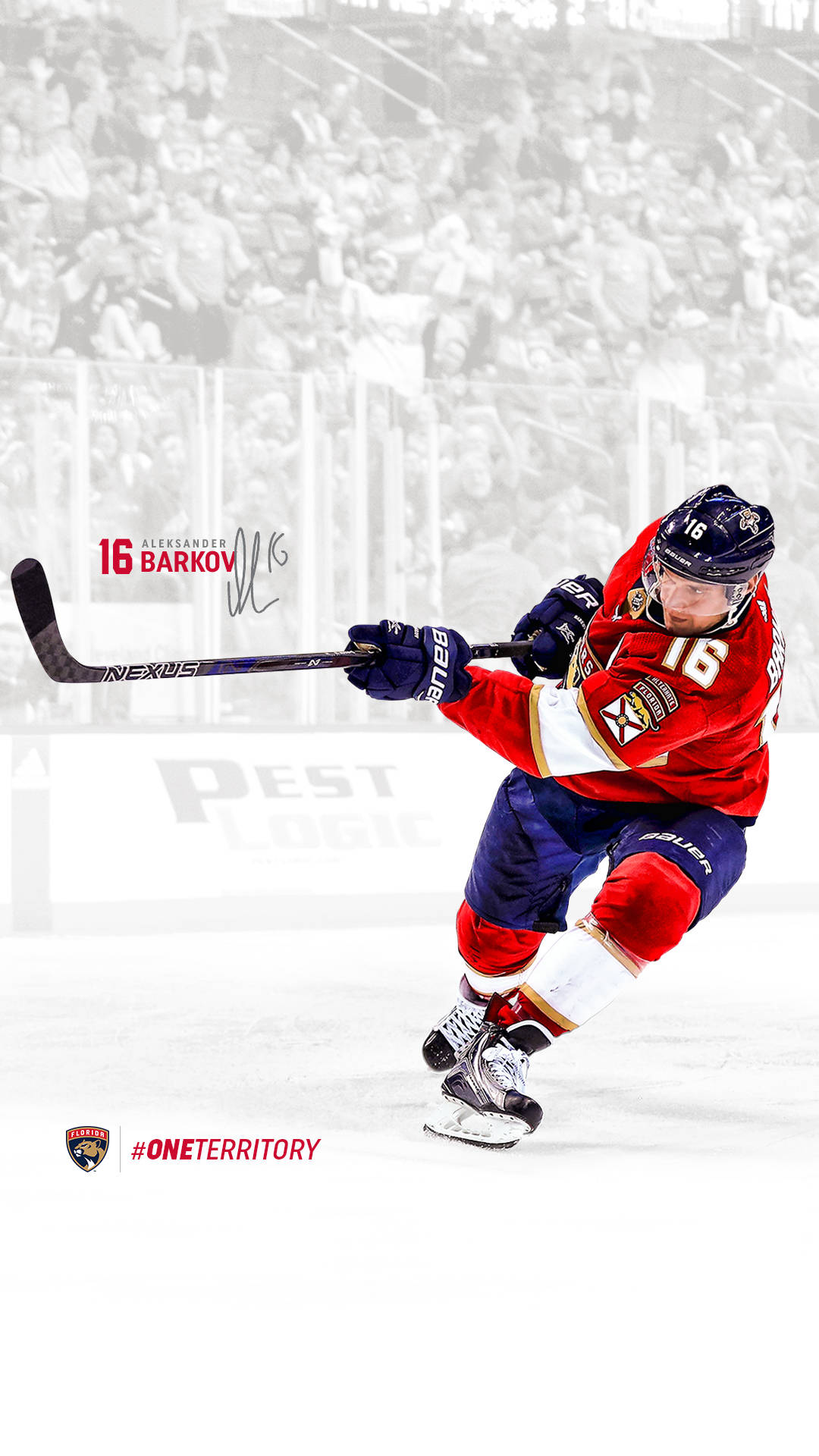 NHL隊長亞歷山大·巴科夫動作照 壁紙 — 冰球運動員Alexander Barkov身穿紅色16號球衣，在冰上動態滑行，背景是模糊的人群。