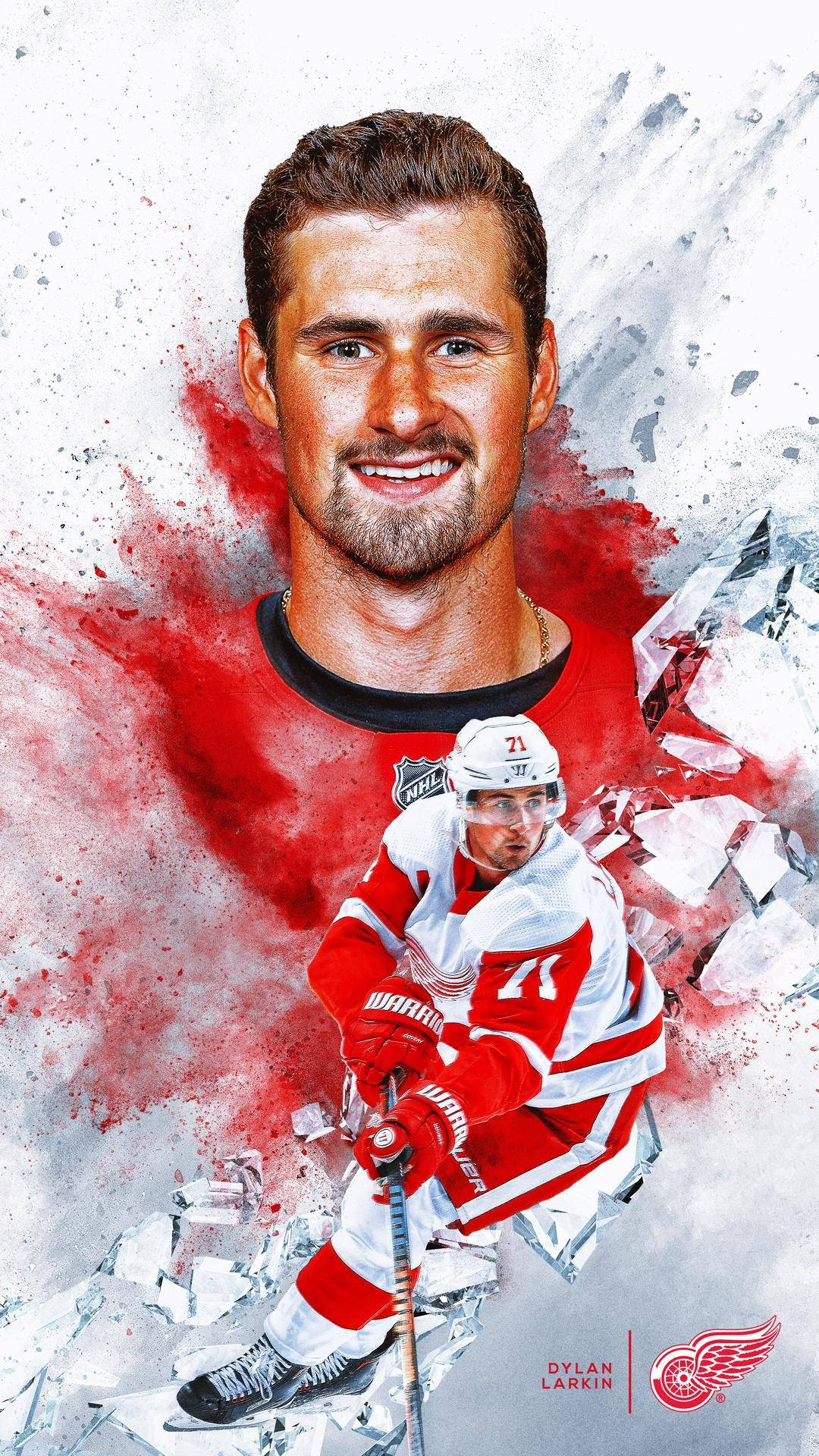 NHL隊長迪倫·拉金 壁紙 — 一幅動態數碼藝術作品，描繪冰球運動員Dylan Larkin突破冰層，帶有紅色油漆飛濺和玻璃碎裂效果。