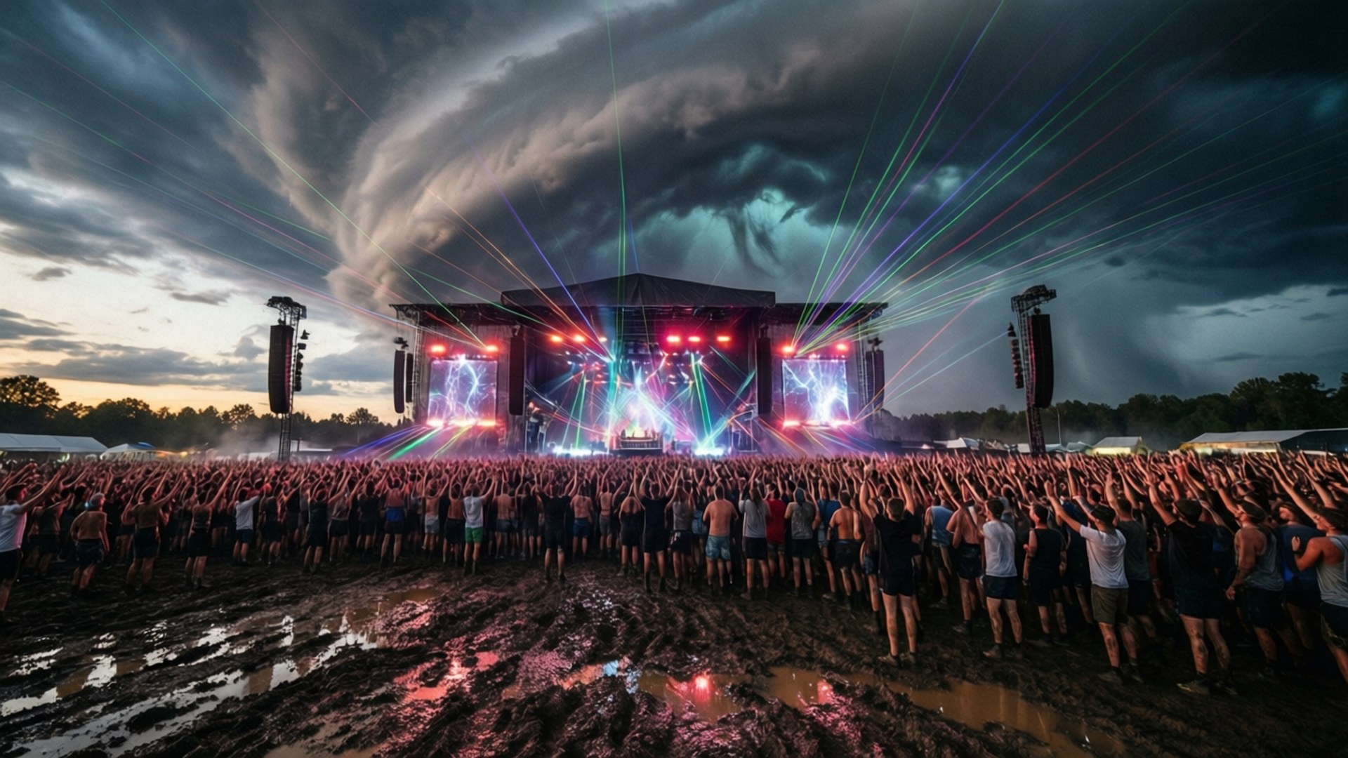 Hurricane Festival 桌布 壁紙 — 泥濘場地中的節日人群在鮮豔雷射燈光和暴風雨黃昏天空下舉起雙手。