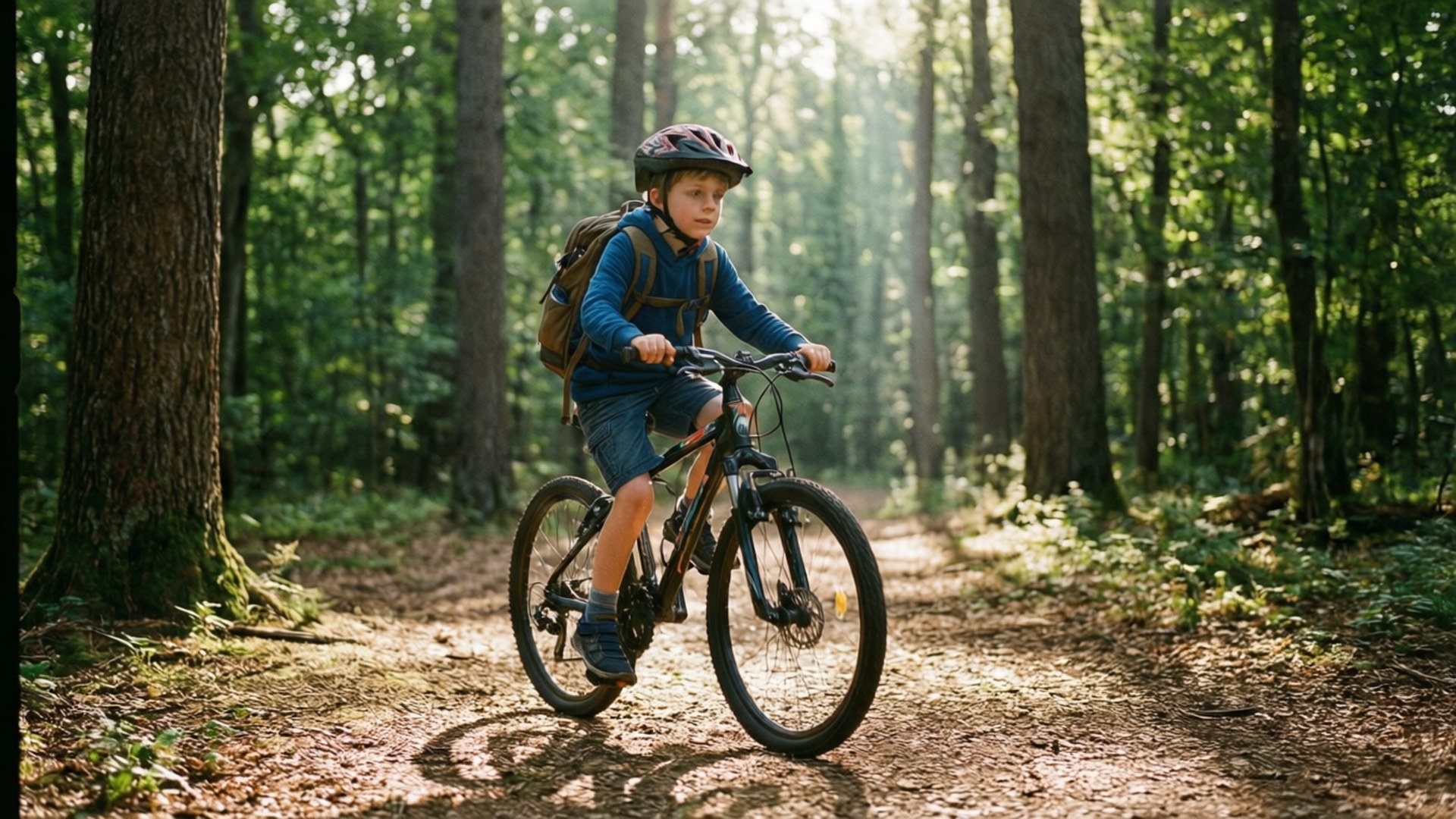 Son Cycling Through Forest 壁紙 — 一位戴著頭盔和揹著背包的年輕單車手，在陽光斑駁的森林小徑上踩著單車，四周環繞著高大的樹木。