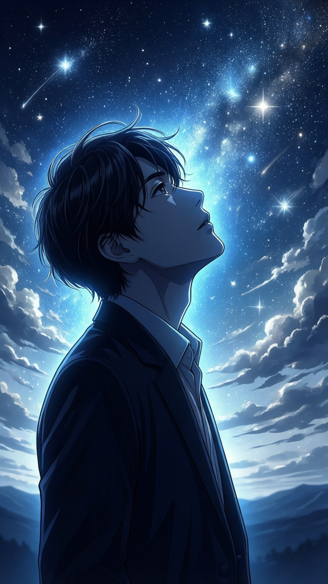 年輕男子仰望有流星和雲彩的星空夜空。
