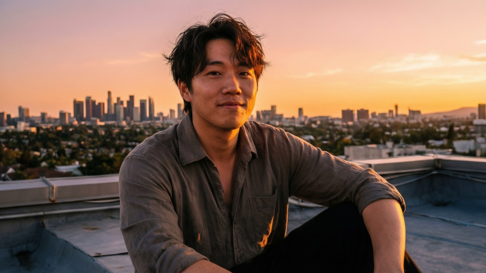 Bang Chan 桌布 壁紙 — 一個年輕男子在日落時分坐在屋頂上，溫柔地微笑，城市天際線在他身後以溫暖的金色光芒閃耀。