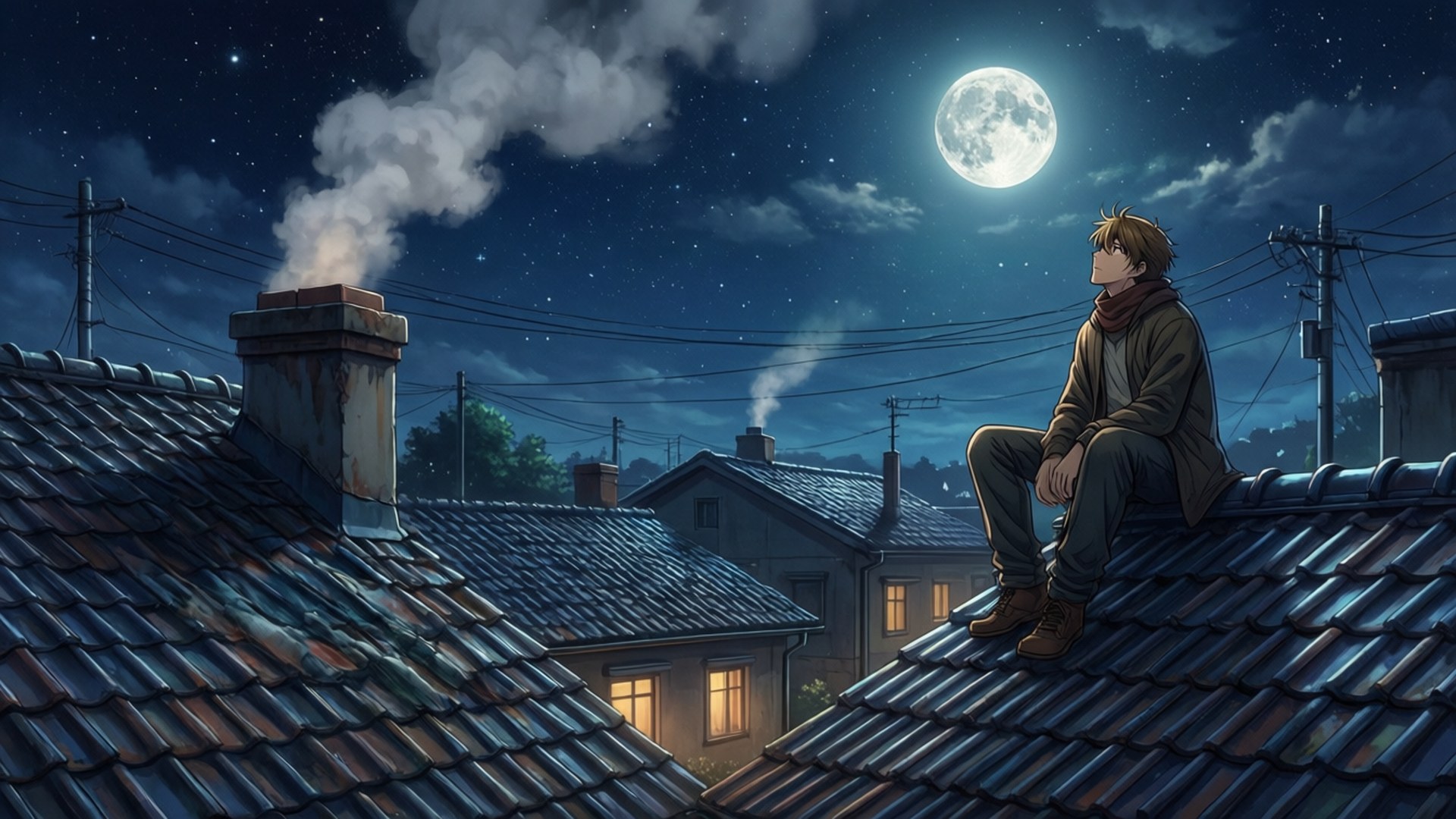 年輕男子坐在屋頂上凝視滿月和星星