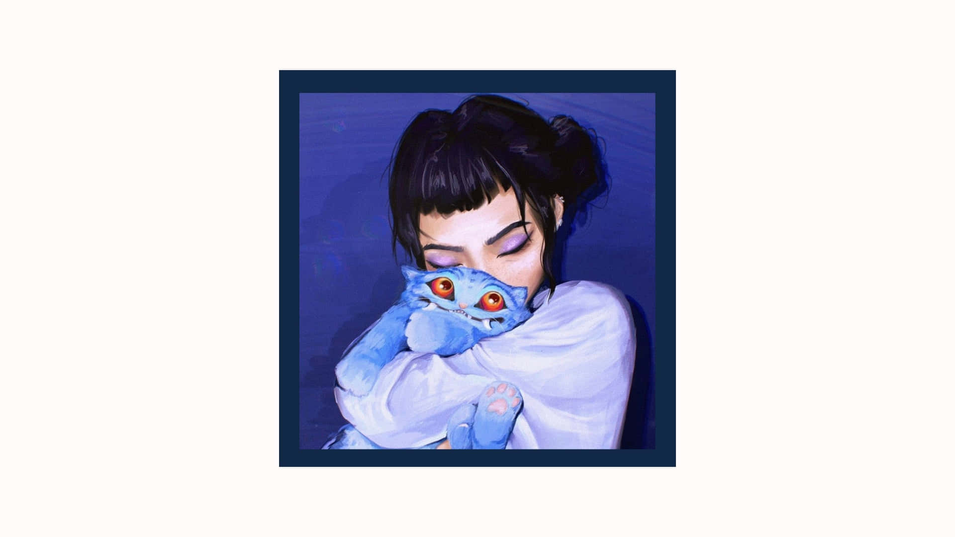  壁紙 — 一位深色頭髮的年輕女性在深紫色背景前擁抱一隻發光的藍色貓咪，貓咪有紅色眼睛。