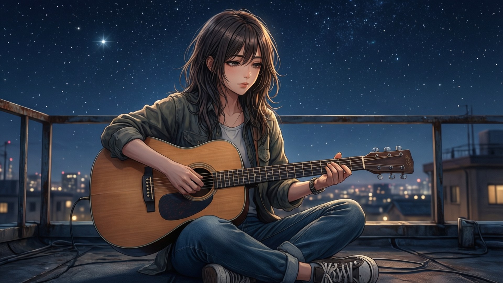 年輕女性在屋頂上彈結他，星空下城市燈光閃爍。