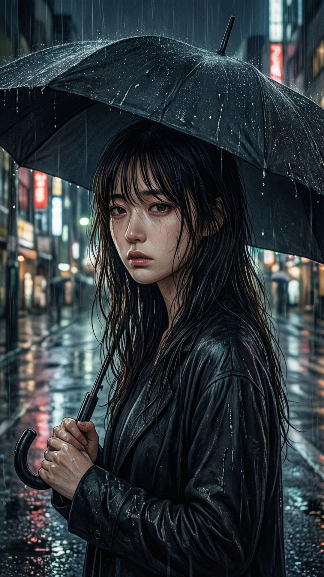 雨夜宮村 壁紙 — 一位年輕女子濕著頭髮，在夜晚霓虹燈照亮的城市街道上撐著黑色雨傘，雨點落下。