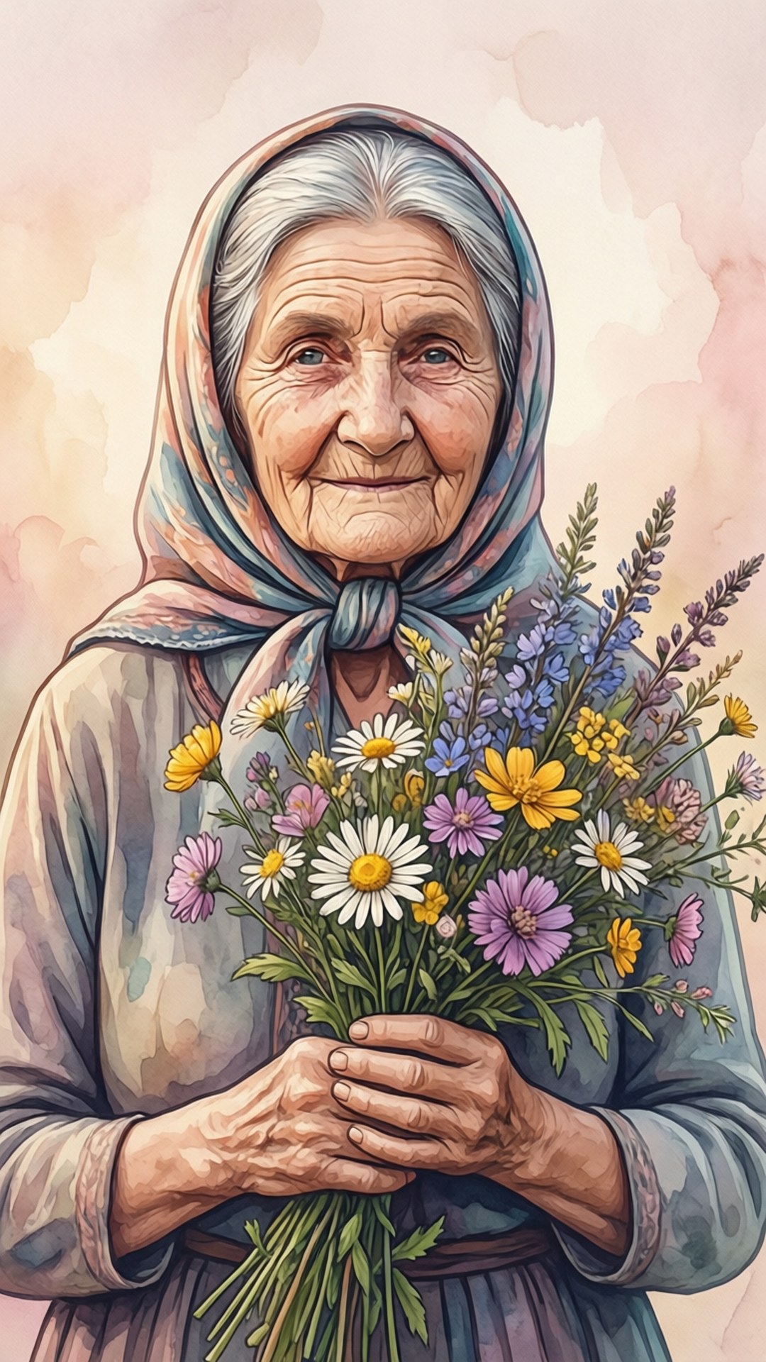 Grandma 桌布 壁紙 — 一位年長女士帶著溫柔的微笑，在柔和的粉彩背景前捧著一束鮮豔的野花。