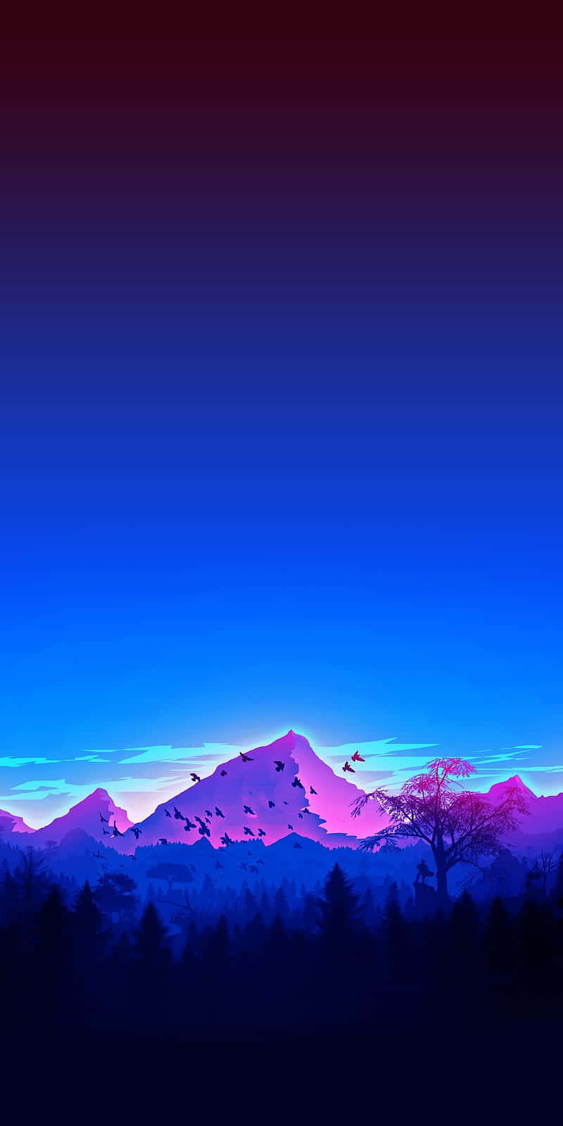  壁紙 — 鳥兒在深藍色的暮色天空中飛翔，風格化的山脈散發出紫色和粉紅色的光芒。