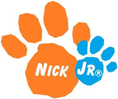 Nick Jr. 帶爪印標誌 壁紙 — 橙色和藍色腳印標誌，黑色背景上有白色文字寫著 Nick JR。