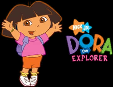 朵拉探險家Nick Jr.標誌 壁紙 — Dora the Explorer 卡通角色，身穿粉紅色襯衫和橙色短褲，背著背包在黑色背景前揮手。