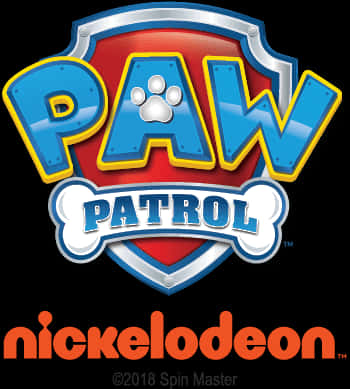 汪汪隊立大功 Nickelodeon 標誌 壁紙 — 色彩鮮豔的 Paw Patrol 卡通標誌，藍色字母、紅色盾牌和骨頭徽章，黑色背景。