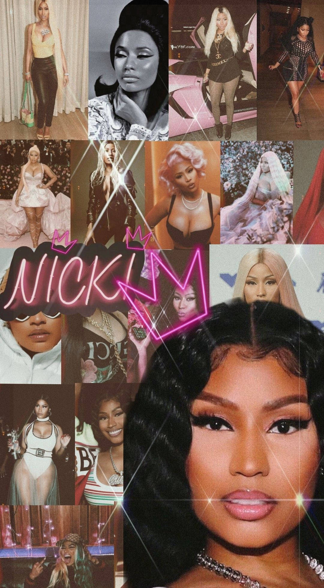 Nicki Minaj 粉絲藝術 壁紙 — Nicki Minaj 各種華麗服裝和姿勢的充滿活力的拼貼畫，帶有霓虹粉紅色皇冠標誌。