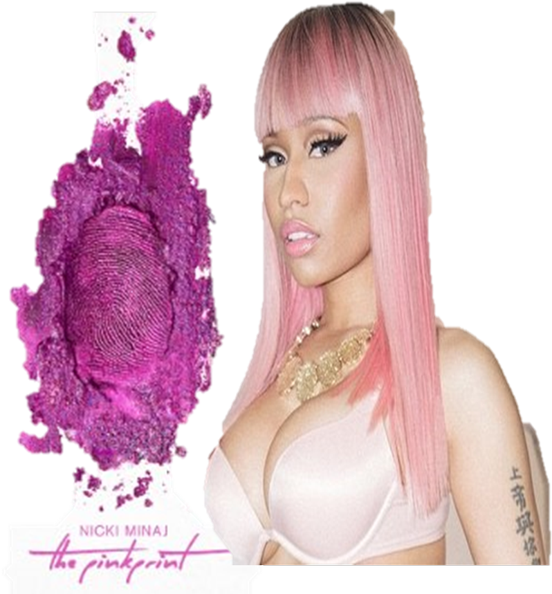Nicki Minaj《The Pinkprint》宣傳圖 壁紙 — Nicki Minaj 粉紅色頭髮和金色珠寶，旁邊係一個紫色指紋藝術作品，標有 'the pinkprint'。