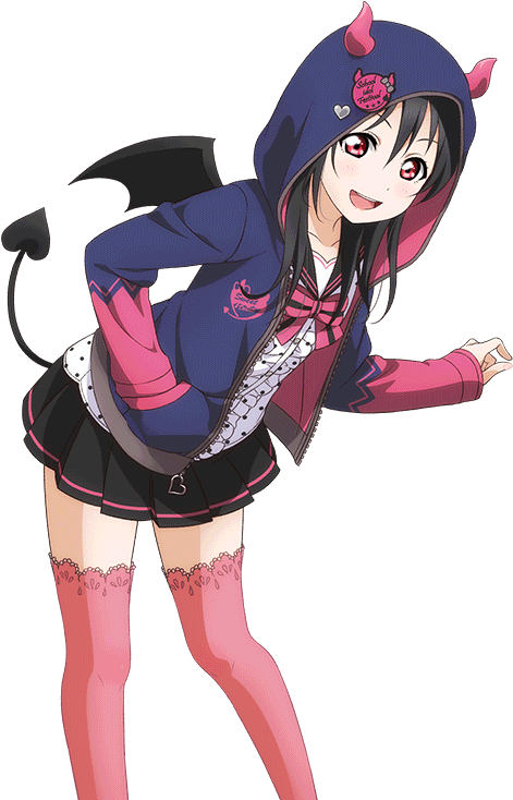Nico Yazawa 魔鬼造型 壁紙 — 一個開心的動漫女孩穿著藍色連帽衫，帶有粉紅色惡魔角和尾巴，在黑色背景前擺出俏皮的姿勢。