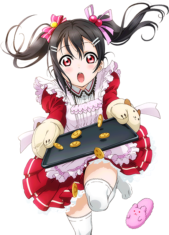 Nico Yazawa 奶酥驚喜 壁紙 — 一個穿著紅色荷葉邊連衣裙的驚訝動漫女孩拿著一個托盤，餅乾飛出來，附近漂浮著一隻粉紅色兔子拖鞋。