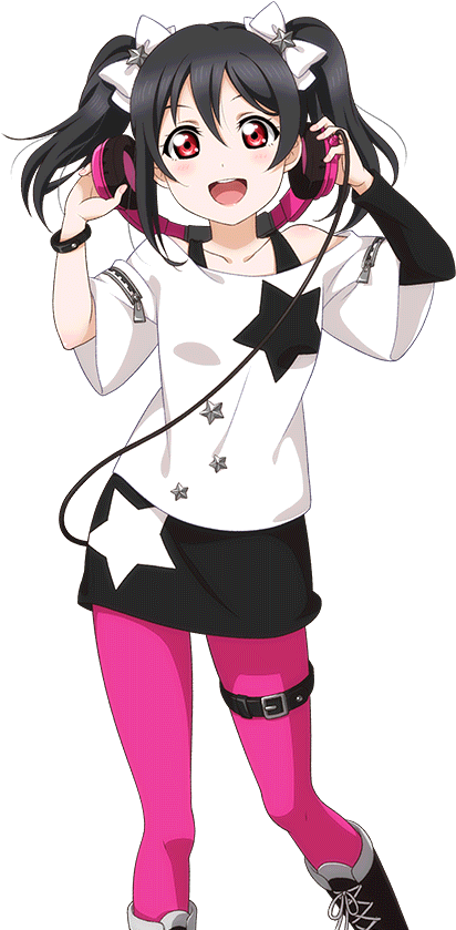 Nico Yazawa 動畫角色姿勢 壁紙 — 一個開心的動漫女孩，黑色雙馬尾和紅色眼睛，戴著粉紅色耳機，穿著星星主題服裝，背景為黑色。