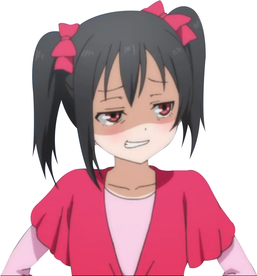 Nico Yazawa 生氣表情 壁紙 — 深色雙馬尾、戴著粉紅色蝴蝶結的動漫女孩，穿著粉紅色服裝，在黑色背景前害羞地微笑。