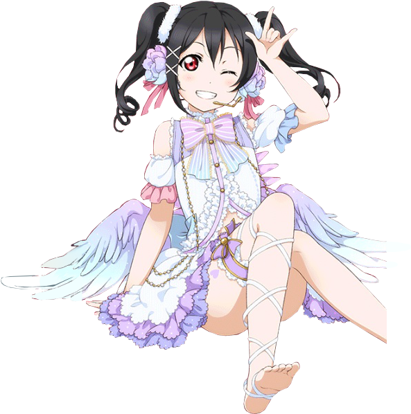 Nico Yazawa 天使服裝 壁紙 — 一個開心的動漫女孩，黑髮天使翅膀，穿著粉彩荷葉邊服裝，俏皮地擺姿勢。