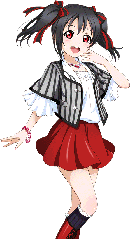 Nico Yazawa 動畫角色動作姿勢 壁紙 — 一個開心的動漫女孩，黑色和紅色的雙馬尾和紅色眼睛，穿著條紋外套和紅色裙子微笑擺姿勢。