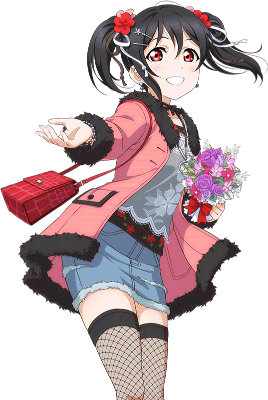 Nico Yazawa 動畫角色姿勢 壁紙 — 一位開朗的動漫女孩，紅眼睛，黑頭髮上飾有紅花，微笑著捧著一束紫色和粉紅色的玫瑰，並拿著一個紅色鱷魚紋手袋。