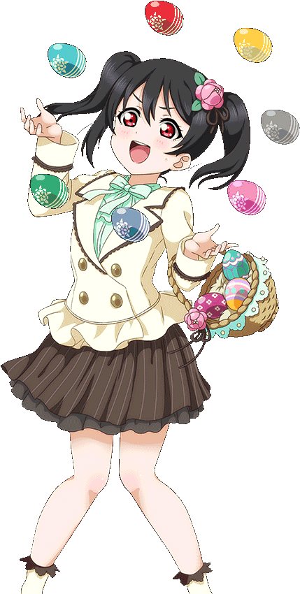 Nico Yazawa 复活节慶祝 壁紙 — 一個開心的動漫女孩，黑色雙馬尾和紅色眼睛，一邊拿著籃子，一邊歡快地玩著色彩繽紛的圖案復活節蛋。