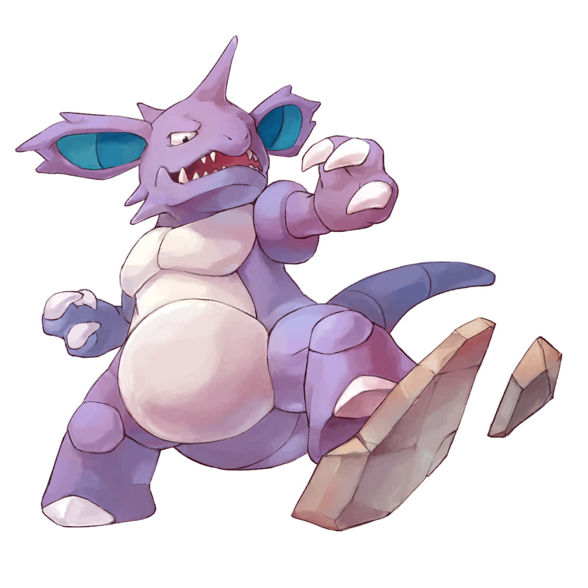 標題：兇猛的Nidoking 於戰鬥中——寶可夢數位藝術 壁紙 — 一隻紫色嘅寵物小精靈，有藍色眼睛同尖銳嘅爪，企喺度好有攻擊性，用腳踩碎岩石。