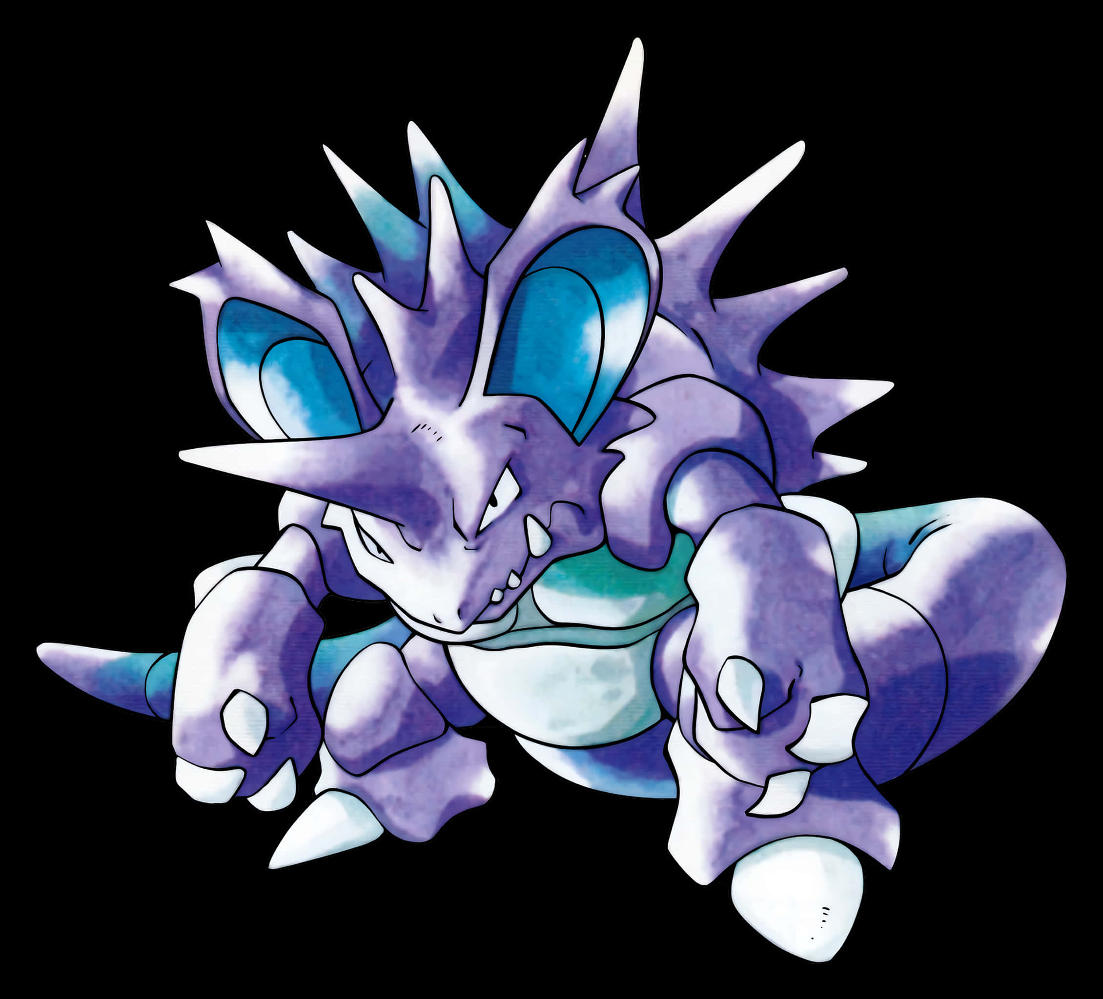 Nidoking 動作場景 - 地面/毒系寶可夢 壁紙 — 一隻兇猛的紫色和藍色尖刺寶可夢在純黑背景上威脅性地蹲伏著。