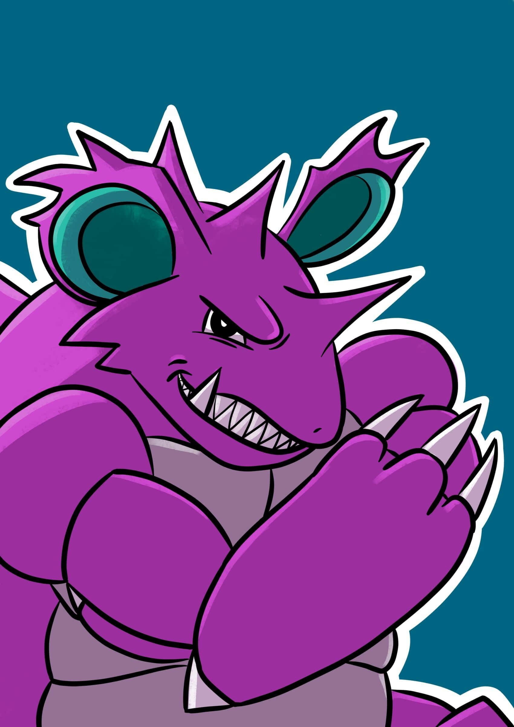 Nidoking 於威嚴姿態 壁紙 — 一隻兇猛的紫色卡通龍，擁有青綠色的眼睛和鋒利的爪子，在青綠色背景上威脅性地展示肌肉。