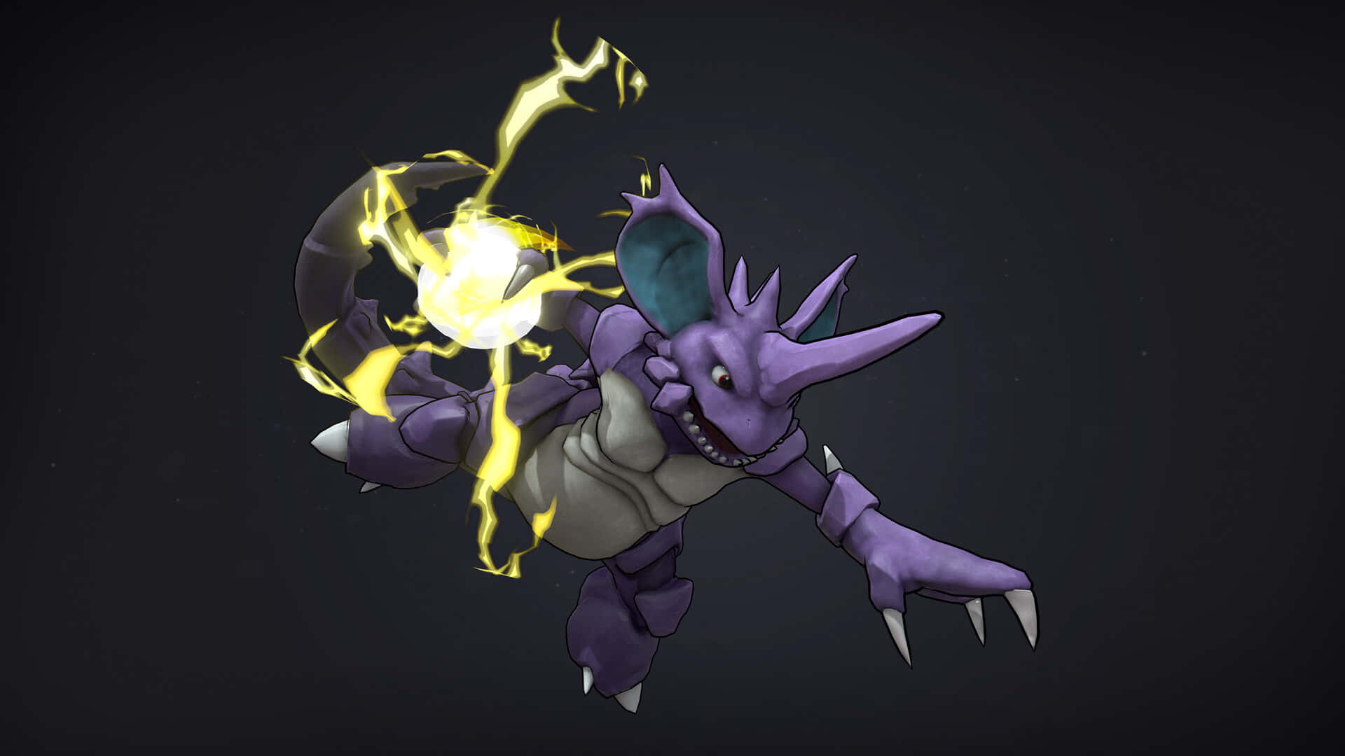 Nidoking 於戰鬥中 壁紙 — 一隻紫色龍形生物，爪狀雙手周圍閃爍著發光的黃色閃電，背景為深色。