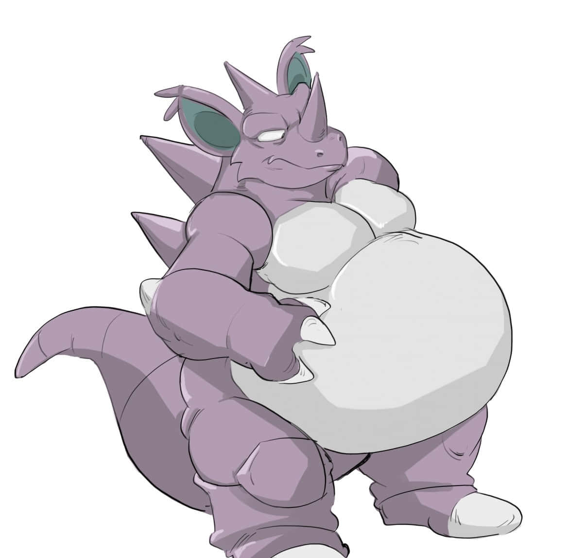 Nidoking 於戰鬥中的強悍姿態 壁紙 — 一隻紫色動漫犀牛狀生物，綠色眼睛，白色腹部，在純白色背景前拿著一個大白球。