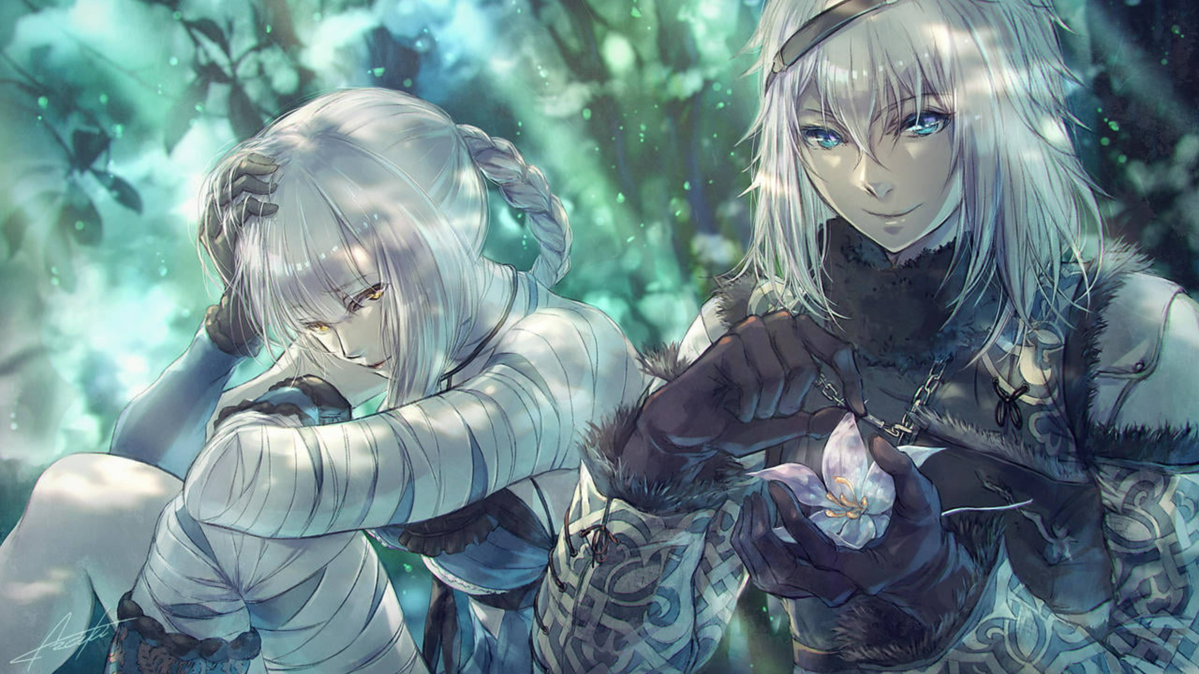 NieR Replicant 遊戲 壁紙 — 兩個銀髮動漫角色在神秘森林中，一個拿著發光的花朵，另一個看起來沮喪。
