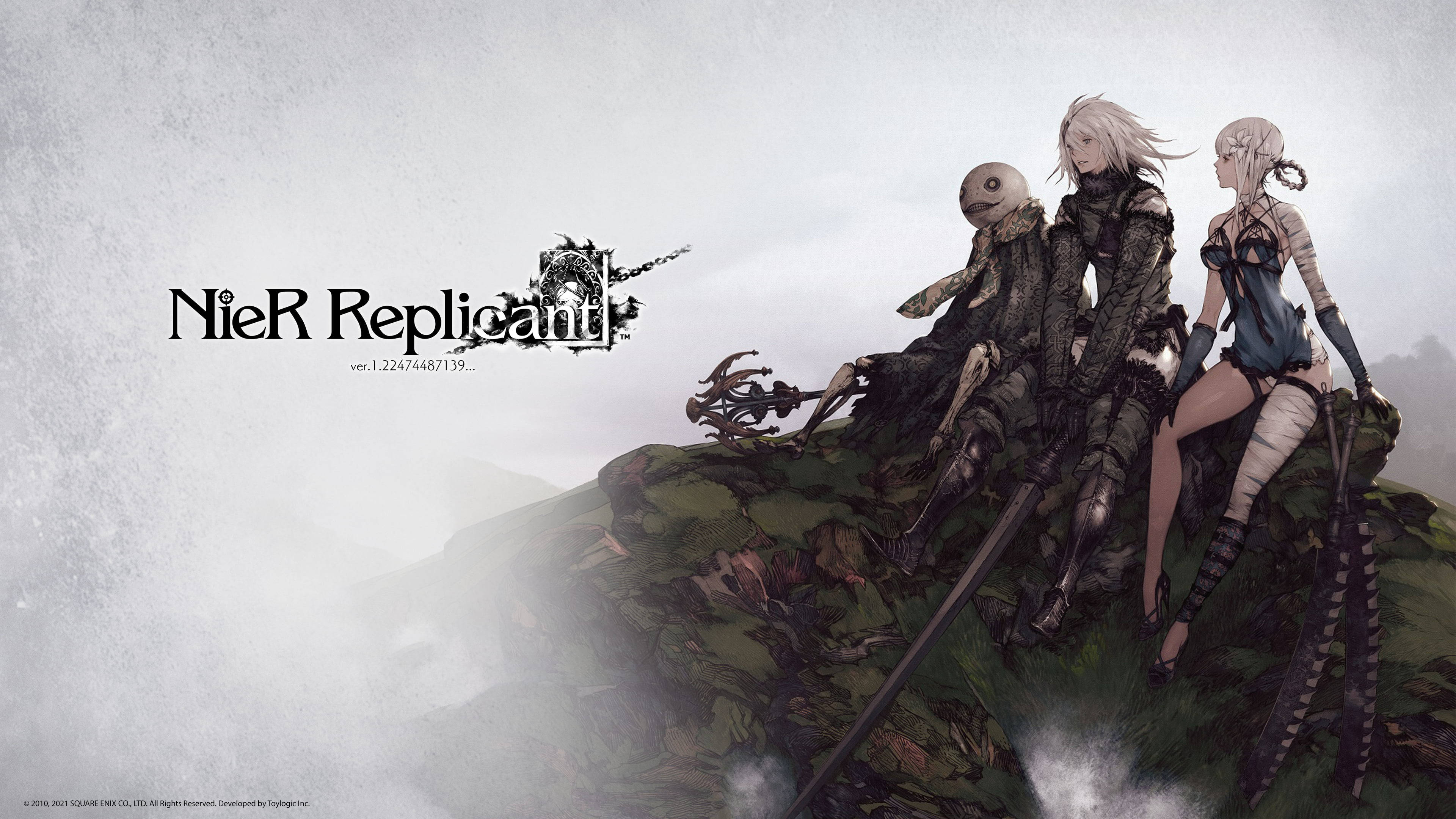 NieR Replicant PlayStation 壁紙 — 三個風格化的動漫角色坐在長滿苔蘚的懸崖邊，背景是霧濛濛的灰色天空，帶有遊戲標題文字。