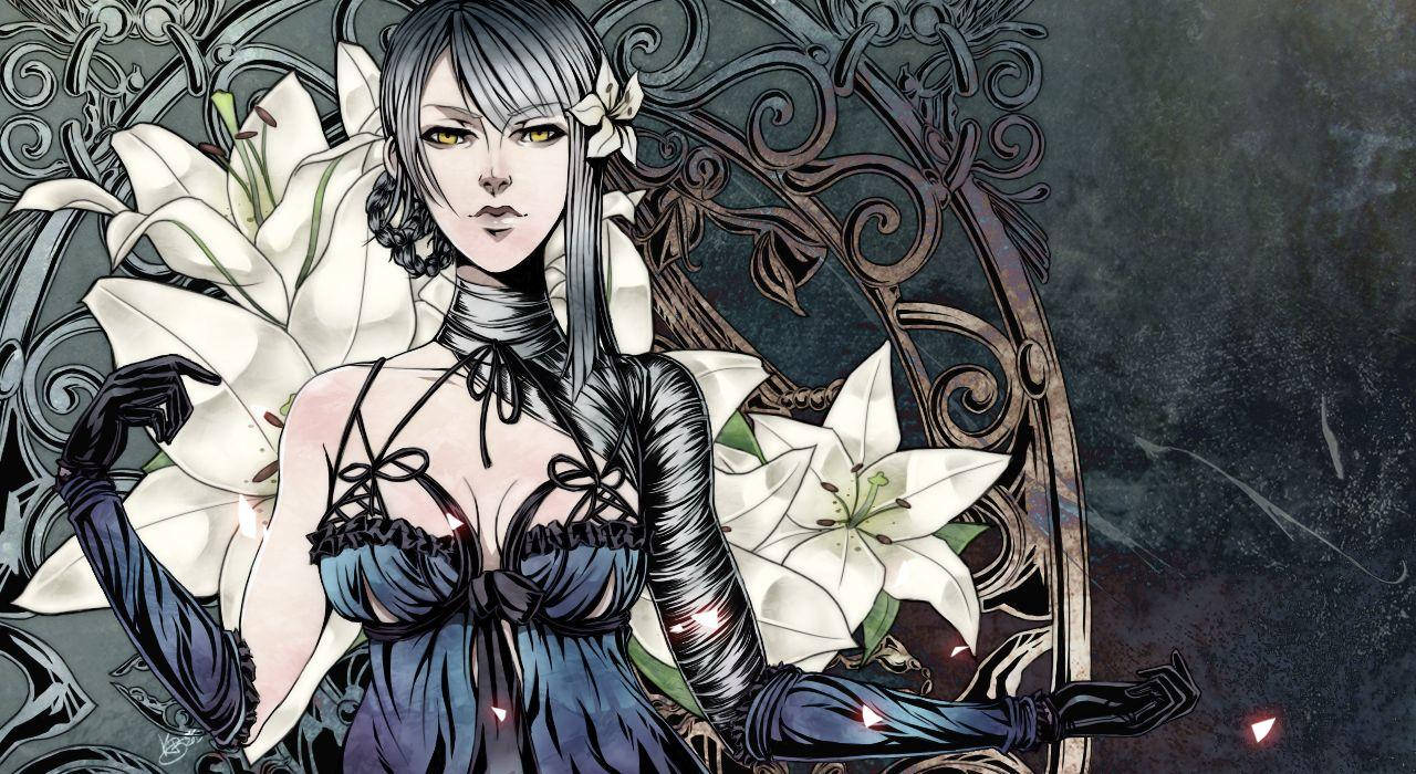 哥德式動畫女性，黃色眼睛，被白色百合花和深色金屬工藝環繞。
