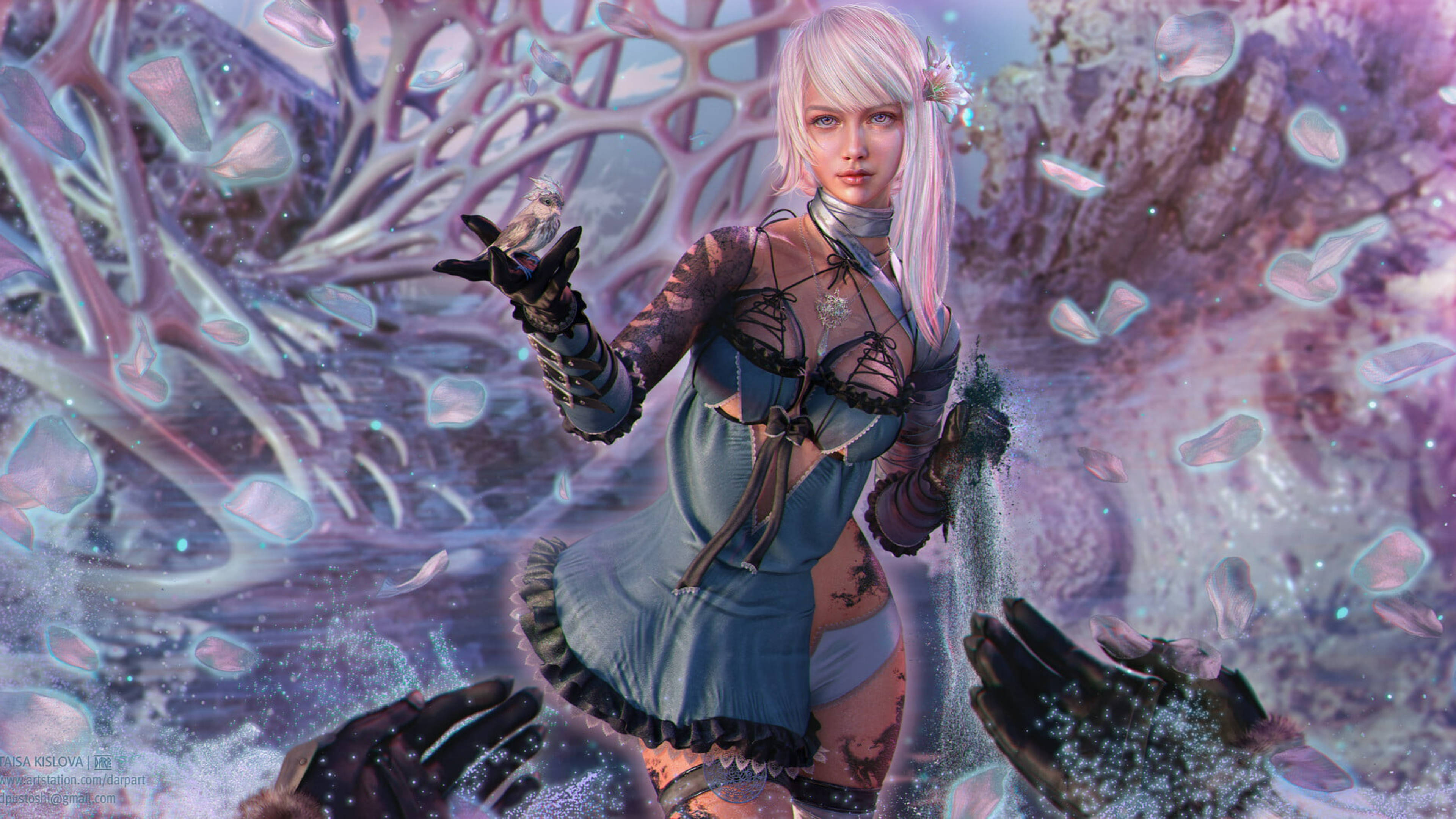 NieR Replicant 卡伊妮同人圖 壁紙 — 一位淺色頭髮的動漫女孩穿著藍色連衣裙，站在發光的紫色水晶結構中，抱著一個小生物。