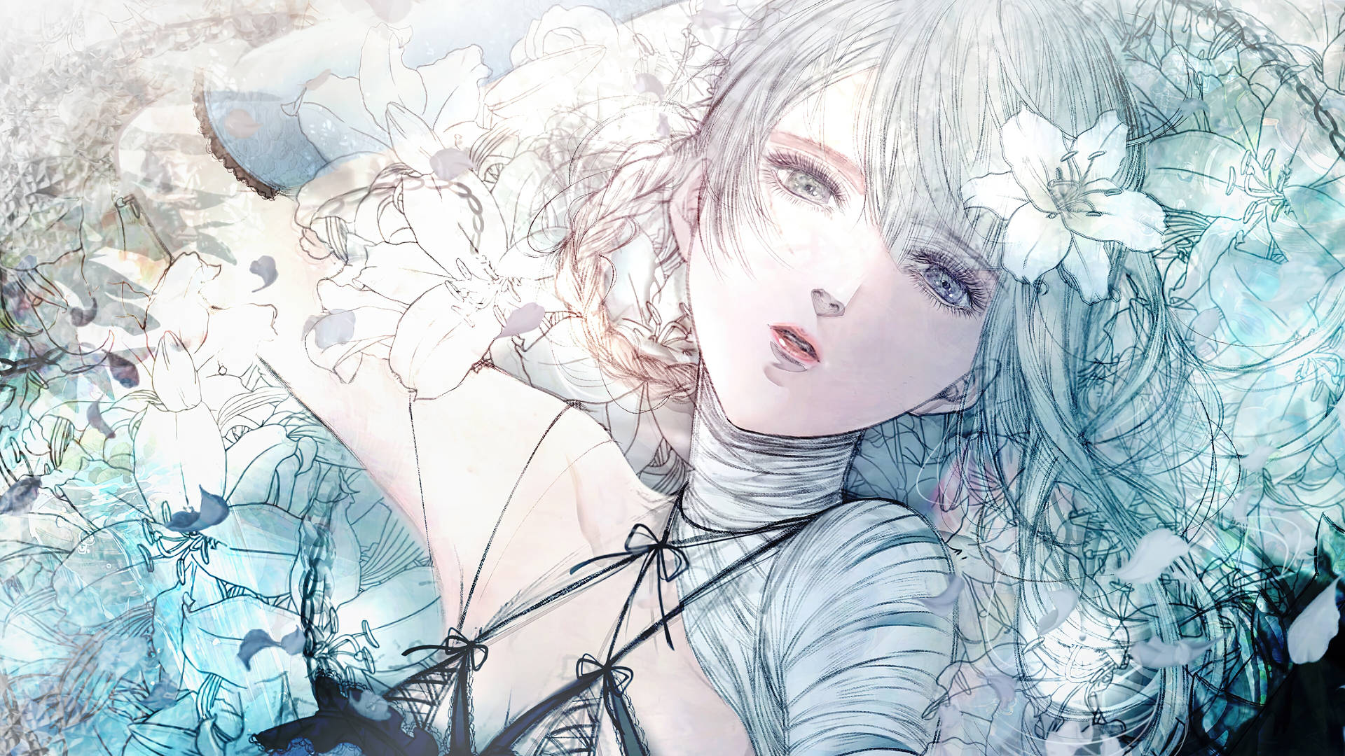 銀色頭髮和白色百合花的動漫女孩，在柔和的藍色花卉夢幻場景中。
