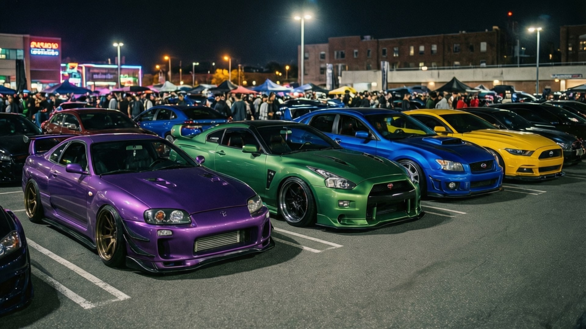夜間車展，展示紫色、綠色、藍色和黃色的閃亮改裝跑車。