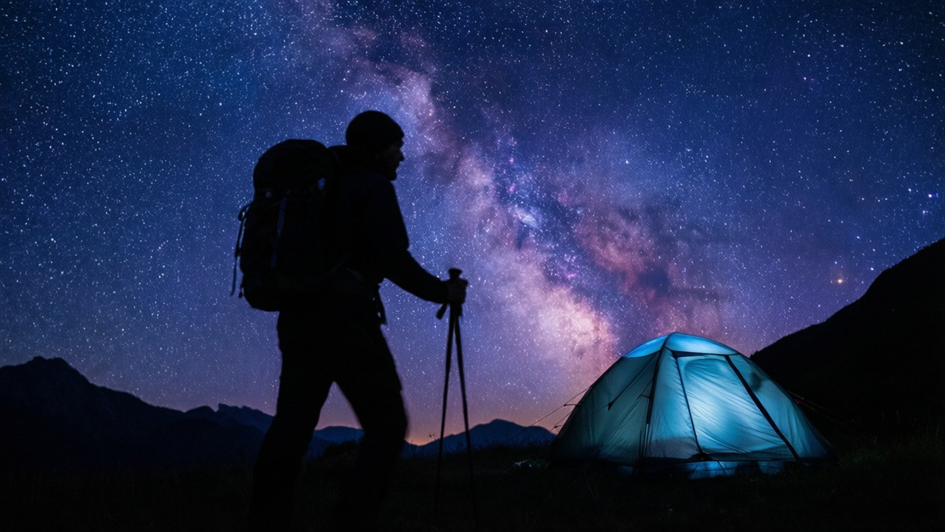 遠足者揹背包持杖站在發光藍色帳篷旁，銀河星空下