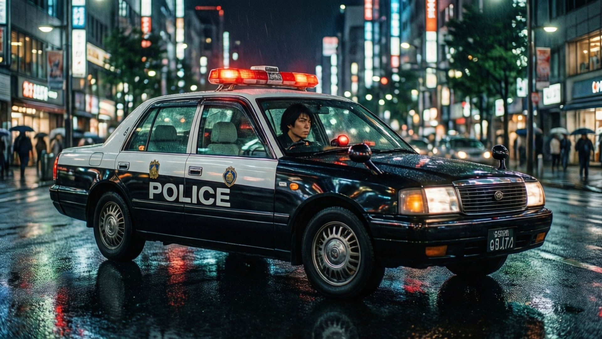 警車在雨夜城市街道上閃燈。