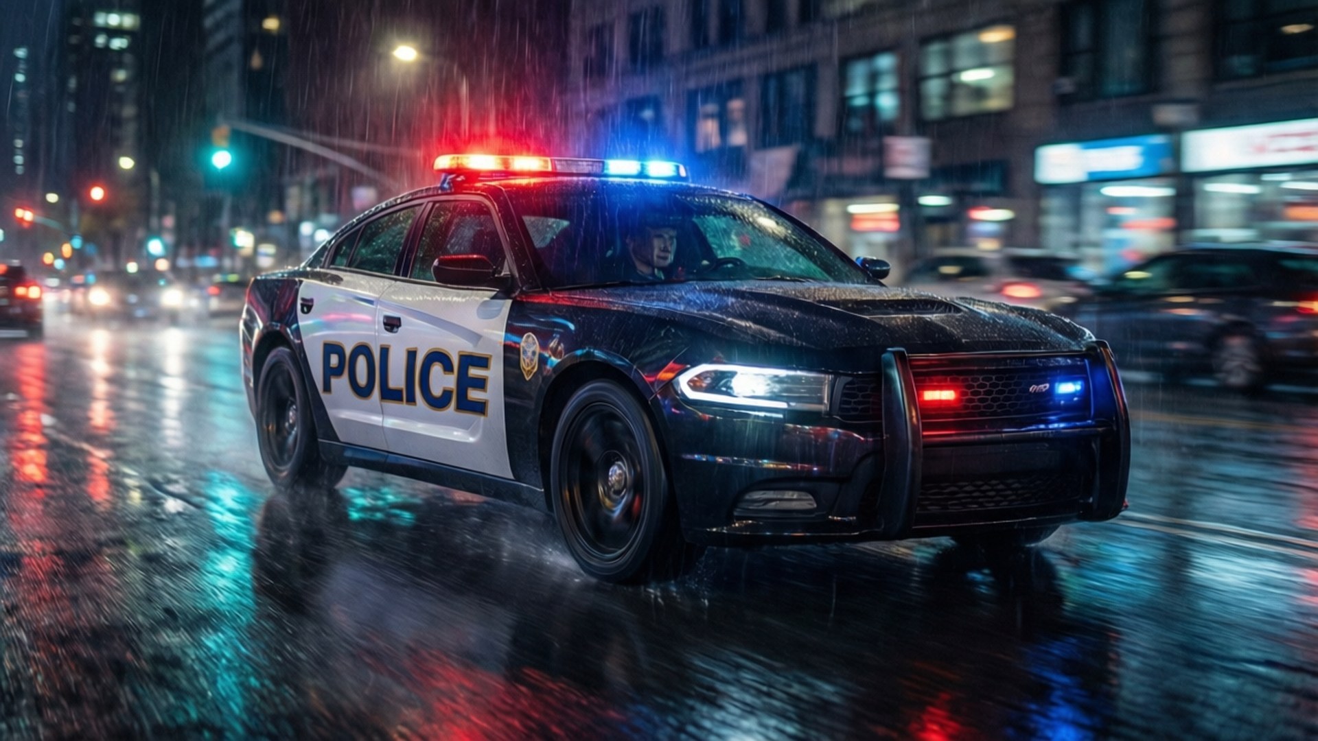 警車閃著警燈在雨夜的城市街道上行駛