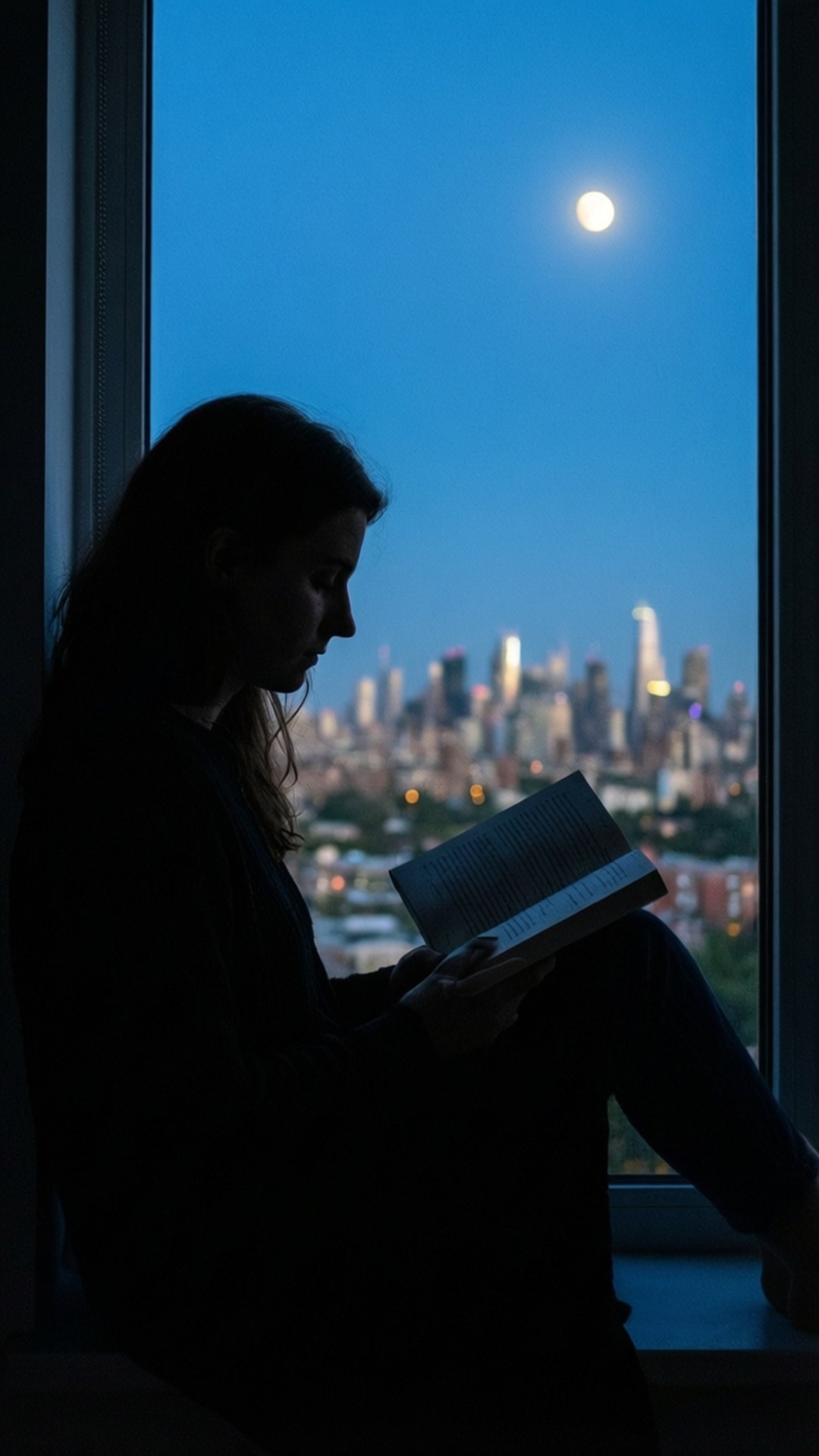 女性在月光下閱讀書籍，背景為城市天際線