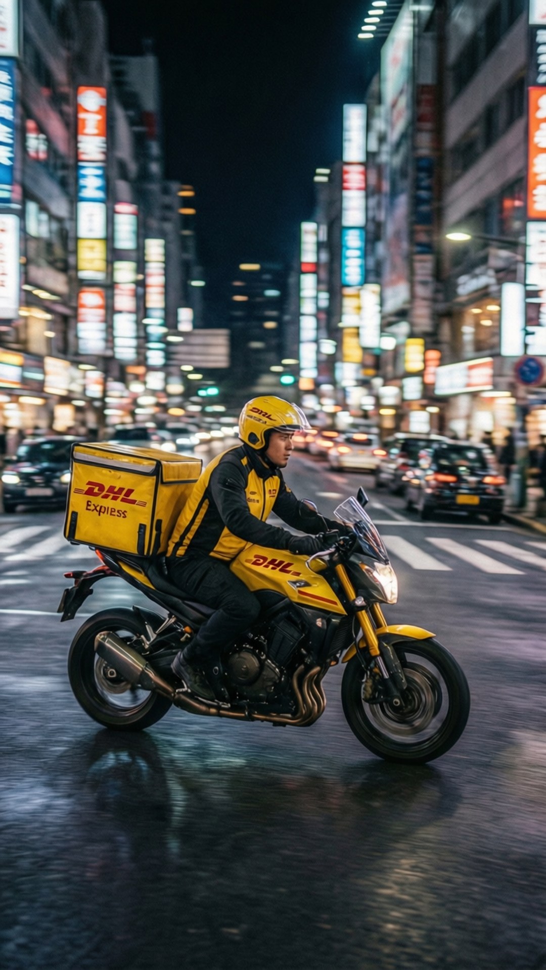 DHL快遞員騎黃色摩托車在夜晚濕滑的城市街道上行駛，頭頂是明亮的霓虹招牌