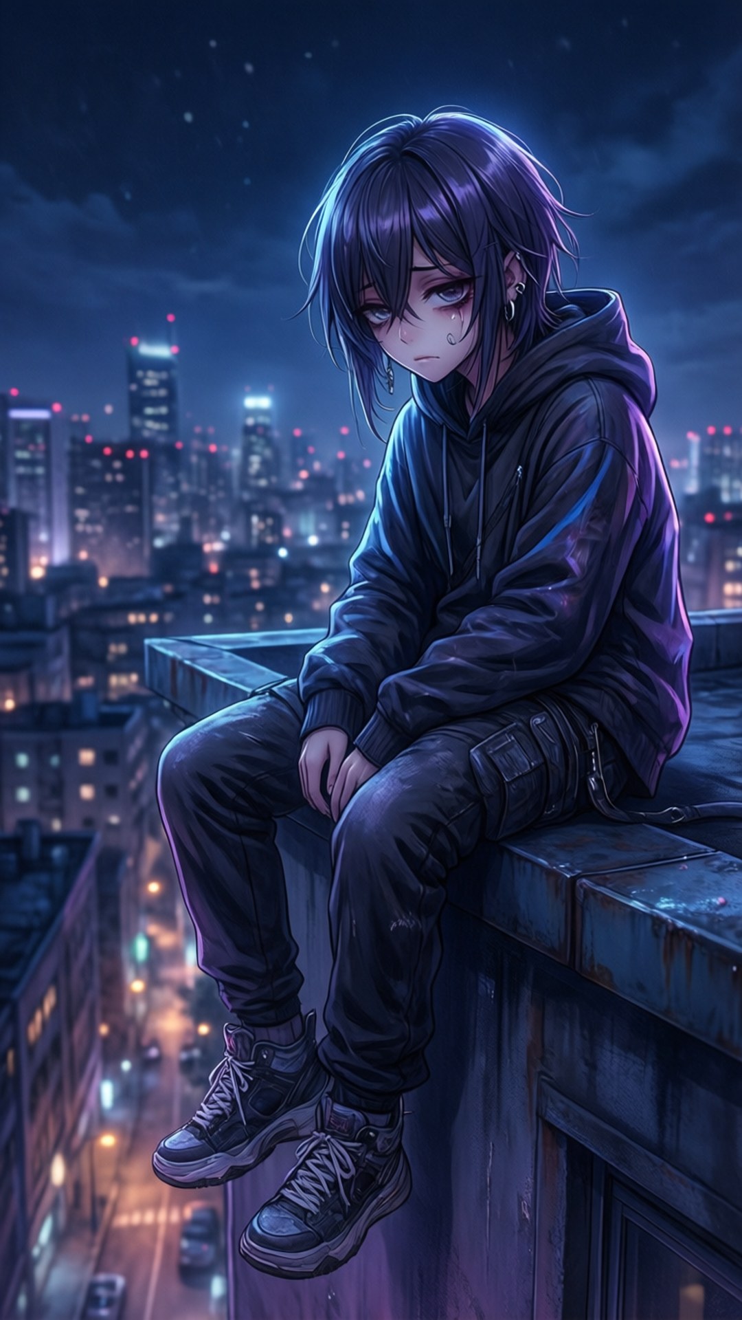 一個悲傷的動漫少年，紫色頭髮，坐在屋頂邊緣，俯瞰夜晚發光的城市。