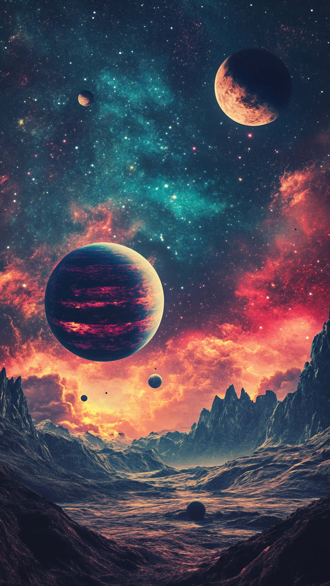 在色彩繽紛的宇宙天空下，有漂浮行星和發光星雲的外星山脈