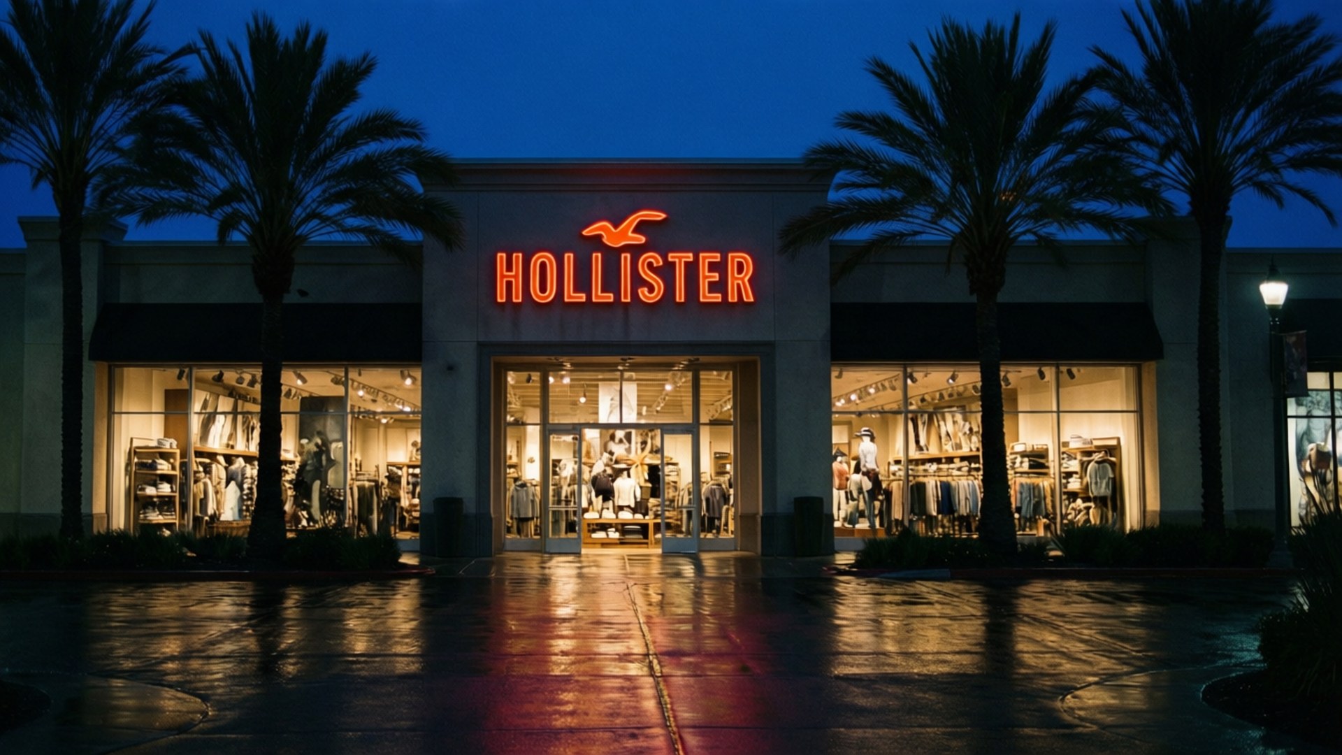 夜晚的Hollister商店，棕櫚樹和濕路面反射霓虹燈光