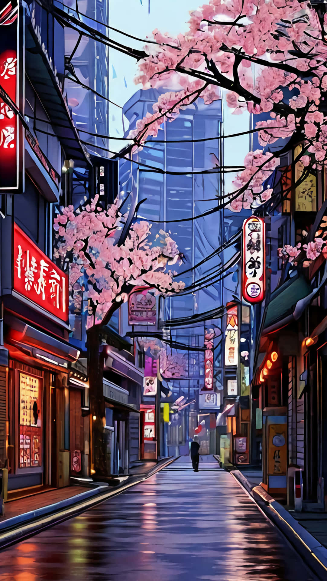 Night Street with Pink Flowers 壁紙 — 日本城市中一條雨中的霓虹燈小巷，櫻花在頭頂拱起，發光的招牌在潮濕的路面上反射。
