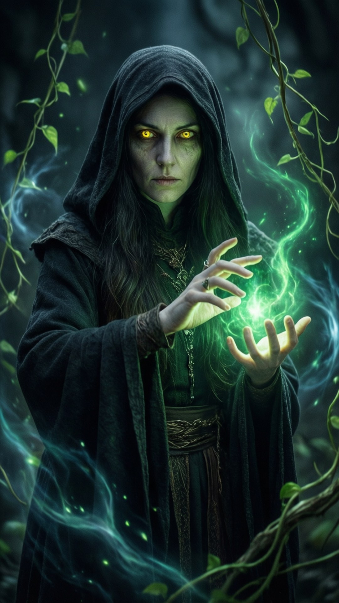 A witch in a dark forest conjures glowing green magic with her hands. 壁紙