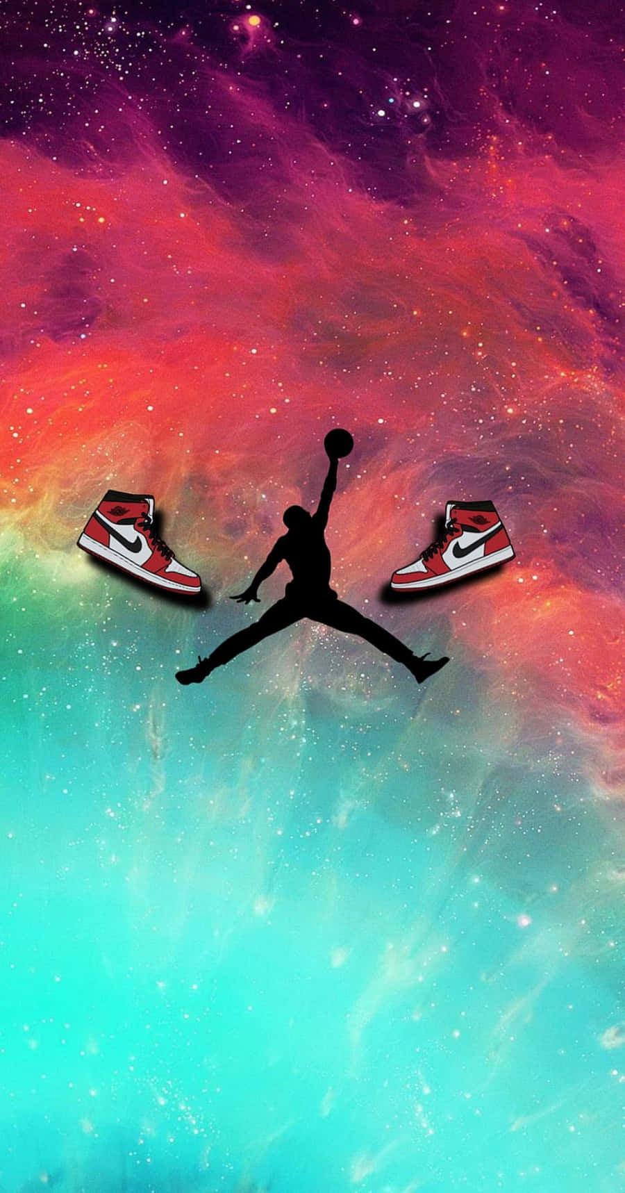 Nike Air Jordan 銀河 壁紙 — 籃球運動員在半空中灌籃的剪影，兩側是紅白兩色的運動鞋，背景是宇宙星雲。