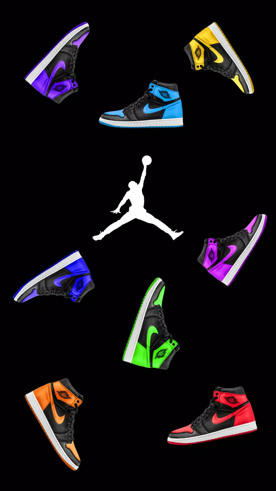 七雙彩色 Jordan 1 運動鞋圍繞黑色背景上的白色 Jumpman 標誌排列。