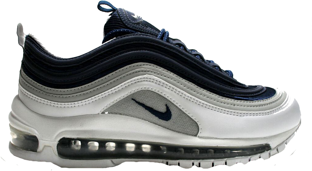 Nike Air Max 運動鞋側視圖 壁紙 — 一雙時尚的海軍藍與白色Nike Air Max 97運動鞋，在黑色背景下展現可見的氣墊緩震。